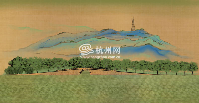 杭州手绘地标之断桥和保俶塔